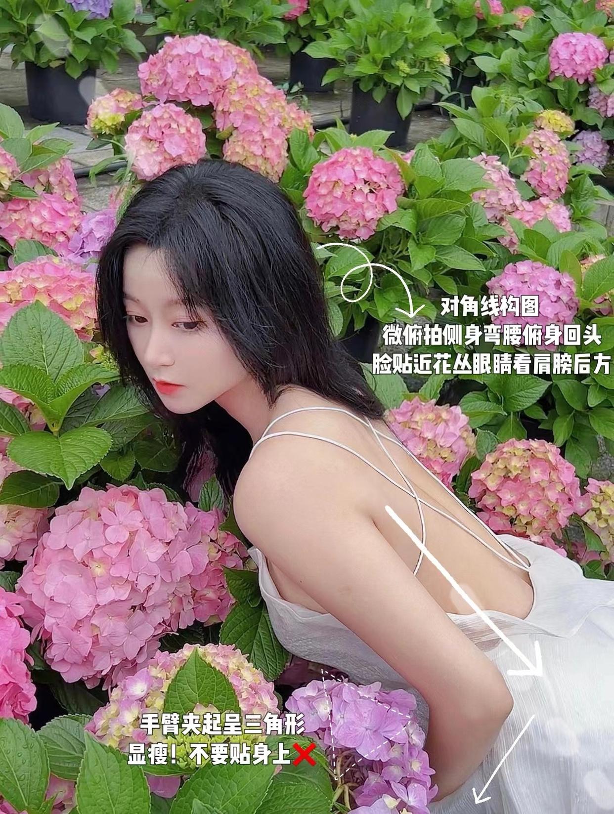 绣球花氛围感拍照教程,从姿势、角度、机位,教你拍自然美照